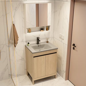 <span class=keywords><strong>Mobile</strong></span> <span class=keywords><strong>Bagno</strong></span> Moderno in Alluminio Rovere Chiaro con Ante in Fibra di Carbonio, 3 Cassetti, Lavabo in Ceramica Grigia e Specchio Retroilluminato a LED - Product Image 4