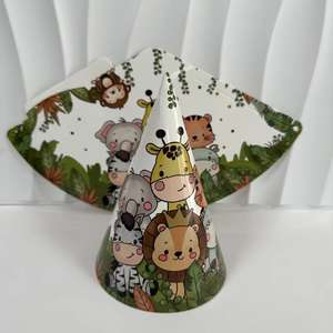 6 개/팩 정글 동물 테마 인쇄 종이 모자 파티 생일 모자 동물 요소 창조적 인 뾰족한 볼 모자 - Product Image 3