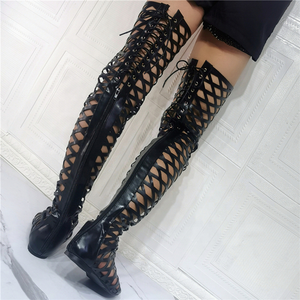 Roman <b>Shoes</b> Black Gladiator Boots Hollow Out Summer Women Over Knee High Boots Flat Heel Back Zip Lace up Big Size 47 - Product Image 3