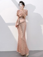 Robe de soirée longue en mousseline de soie à paillettes pour femmes avec manches chauve-souris et col rond