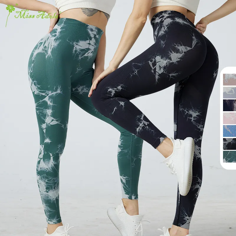 Groothandel Custom Logo Hoge Taille Fitness Gym Workout Panty Scrunch Butt Lifting Tie Dye Naadloze Yoga Legging Voor Vrouwen