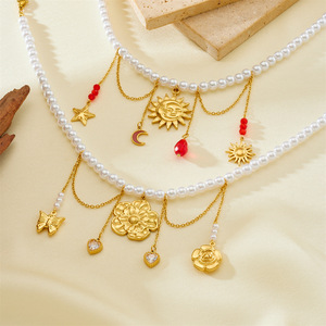 European Style Pearl Necklace Gold Plated Stainless Steel Multi Element Pendant Flower Star Heart Shape Party Jewelry - Product Image 1
