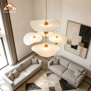 Lampadario Personalizzato a Foglia di Loto Grande, Lampada a Sospensione Moderna a 3 Teste per Hall di Hotel e Ville di Lusso - Product Image 3