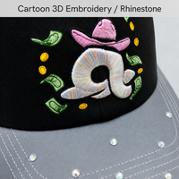 Topi Baseball 6 Panel Custom Bordir 3D Rhinestone Desain Kartun Dua Warna Snapback Adjustable Grosir Langsung dari Pabrik
