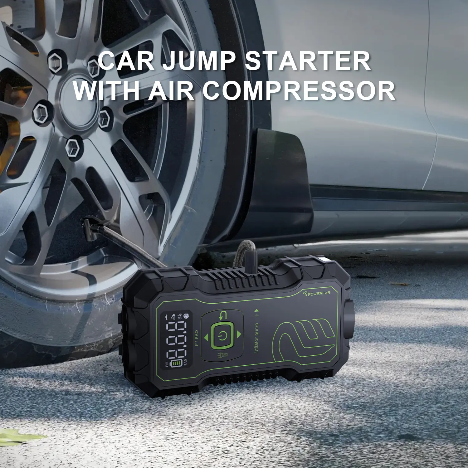 손전등이있는 자동차 점프 스타터 휴대용 자전거 타이어 디지털 타이어 펌프 비상 배터리 부스터