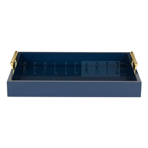 Plateau de service décoratif Art Déco en bois bleu marine de luxe Maximus International |   Table basse carrée multifonctionnelle avec poignées dorées - Product Image 1