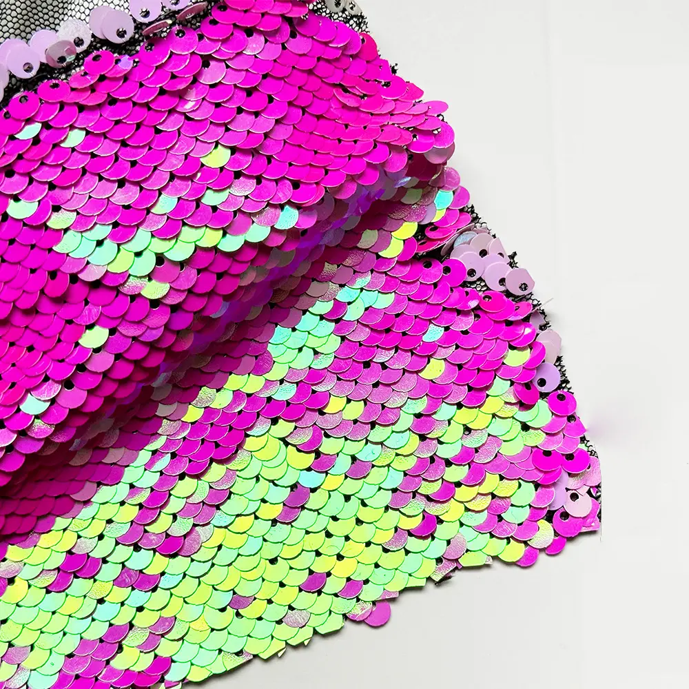 Desain baru Fashion kain renda bordir Prancis Mesh holografik ikan skala putri duyung Flip payet reversibel untuk gaun Prom