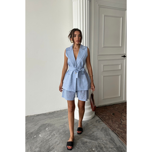 Conjunto de 2 Piezas de Lino Azul - Chaleco Deportivo y Pantalones Cortos, Corte Holgado, Diseño Sólido para Verano y Otoño - Product Image 3