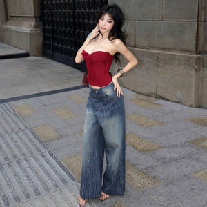 Jeans à jambes larges à taille basse en style vintage européen américain avec strass lavés pour femmes, coupe slim, fermeture éclair, pantalon long décontracté - Product Image 3