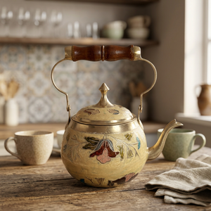 Vintage Brass <b>Kettle</b> With Wooden Handle Floral Enamel Design Water Pot With Lid - Product Image 5