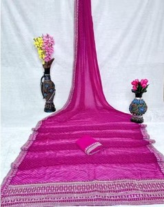 Sari imprimé Georgette Silk Leheriya avec belle broderie et dentelle pour mariage et fête des femmes indiennes - Product Image 1