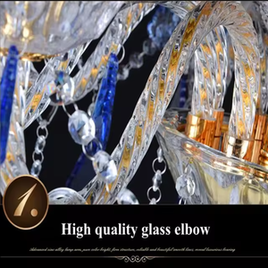 Lustre moderne en cristal doré Zeal Lighting avec abat-jour en tissu bleu, lumière blanche chaude pour salon - Product Image 5