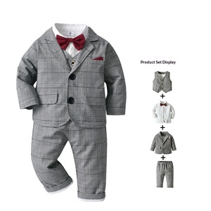 Ensemble quatre pièces d'hiver à manches longues pour enfants, veste, costume pour garçons, motif à carreaux, style européen et américain, tenue de fête du Nouvel An - Product Image 5