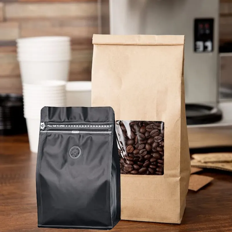 Custom Logo 12oz Heat Seal Zip Lock Square Flat Bottom Food Plastic Pouch Kraft Paper Sealing Coffee Packaging Bag with Valve