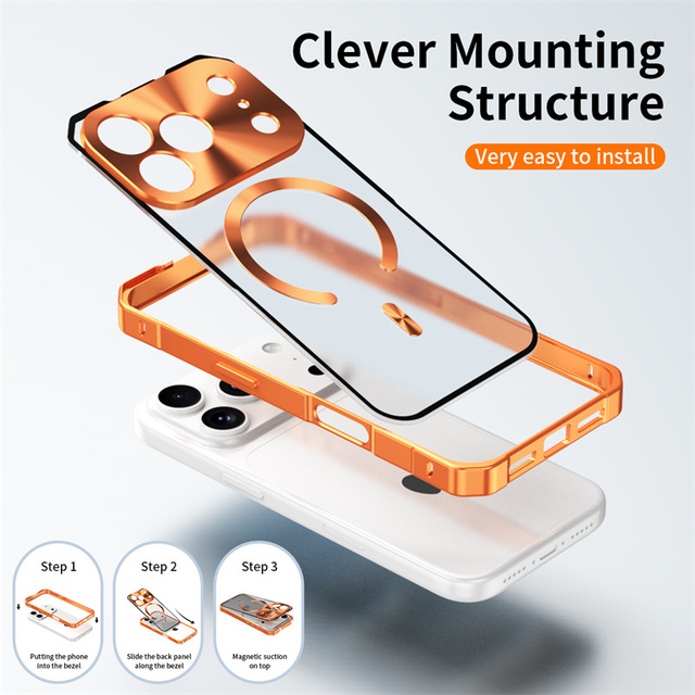 New Aluminum Frame Wireless Magnetic Charging Phone Case for iPhone 17 16 15 Pro Max Detachable Frosted Acrylic Back Panel Cover