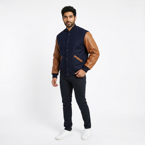 Chaqueta Universitaria Deportiva Letterman Azul Satinado 2026, 100% Algodón Transpirable, Cuello Alto, Mangas Bomber de Béisbol para Invierno - Product Image 1