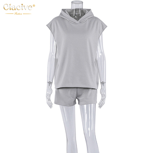 Sudadera con capucha sin mangas pantalones cortos de dos piezas pantalones cortos de Color sólido deporte 2 piezas de mujer ropa - Product Image 4