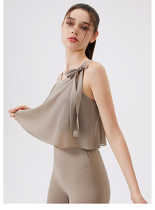 Wholesale <b>Women</b> Halter Sheer Mesh 2 1 Padded Yoga Crop <b>Tops</b> Quick Dry Breathable Crew Neck Sleeveless Pilates Fitness Athletic - Product Image 2