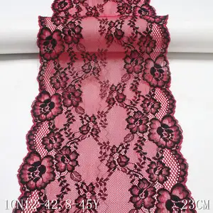 Charming 23CM Red Nylon Mesh Delicate Black Flower Stretch Lace Trim Spandex Elastic Lace Fabric For Women Bra Dress