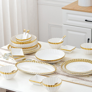 Bộ bát đĩa sứ cao cấp phong cách Bắc Âu, viền vàng trắng, bộ đồ ăn sang trọng - Product Image 2