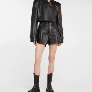 Nueva Llegada, Ropa de Cuero de Alta Calidad, Chaqueta Holgada de Color Sólido Estilo Motociclista para Mujer, Conjunto de Cuero con Pantalones Cortos de Cintura Alta - Product Image 5