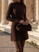 Robe longue à manches longues en tricot ajusté à la taille, style A, nouvelle collection pour femmes, col mi-haut, couleur unie, élégante, courte, automne-hiver