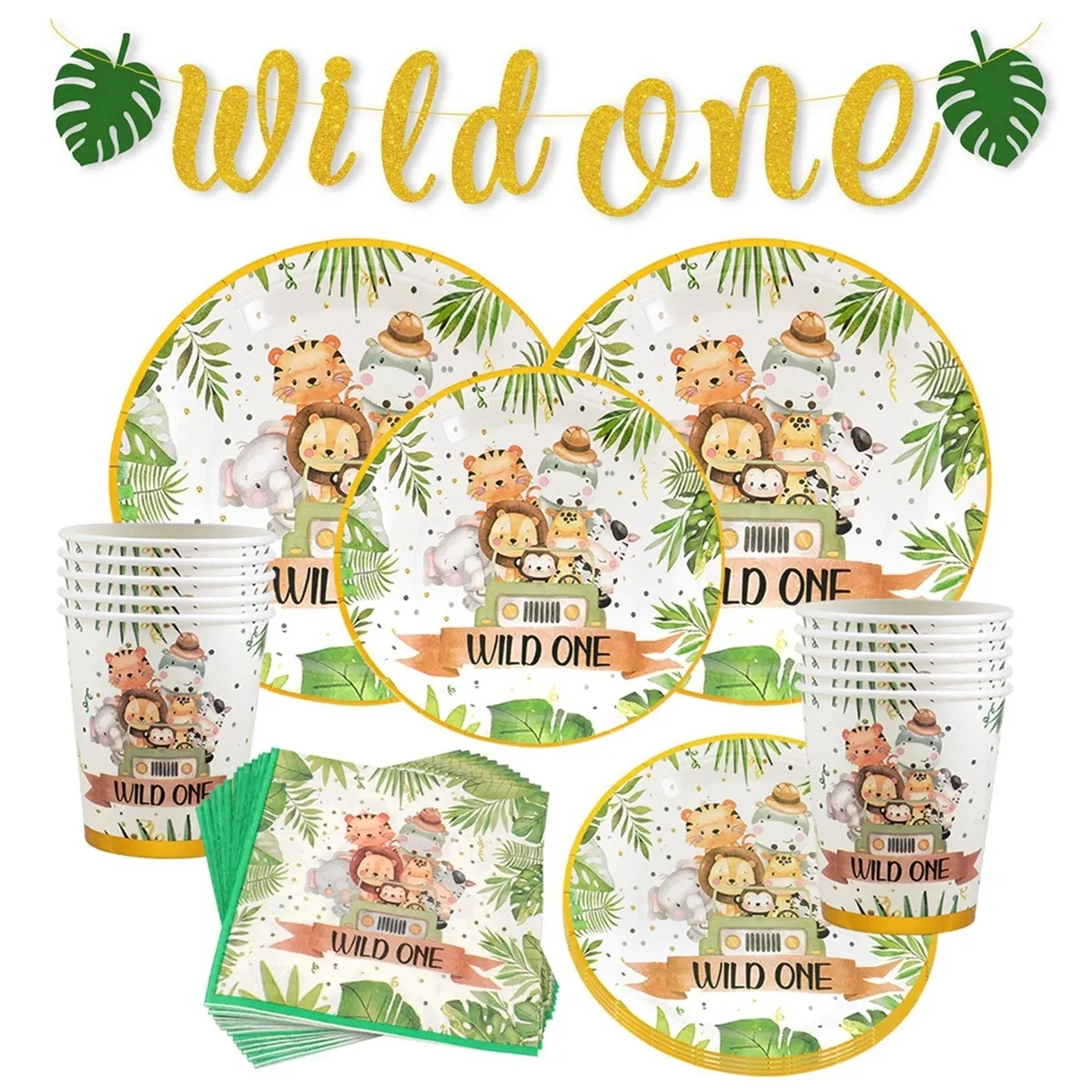 Nicro Wild One theme Jungle Party Supplies Happy Table Paper Dinnerware Decoration Para Fiesta Kids Birthday Party stoviglie