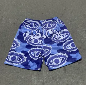 Özel yüksek kaliteli desen Streetwear yüceltilmiş Polyester dikişsiz Baggy erkek fermuarlı cep yaz örgü şort