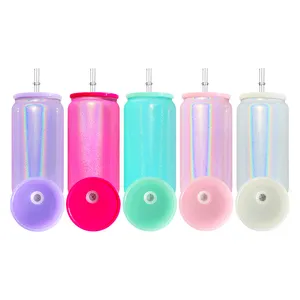 Novo RTS EUA warehouse 16oz mix 5 cores 6 cores 16oz Em branco sublimação glitter shimmer glass can com tampas de plástico