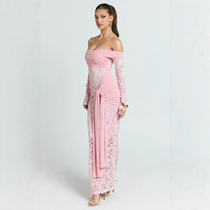 Vestido de Noche Elegante de Estilo Europeo con Encaje, Hombros Descubiertos, Espalda Descubierta, Manga Larga y Detalle de Lazo, Corte Ajustado - Product Image 3