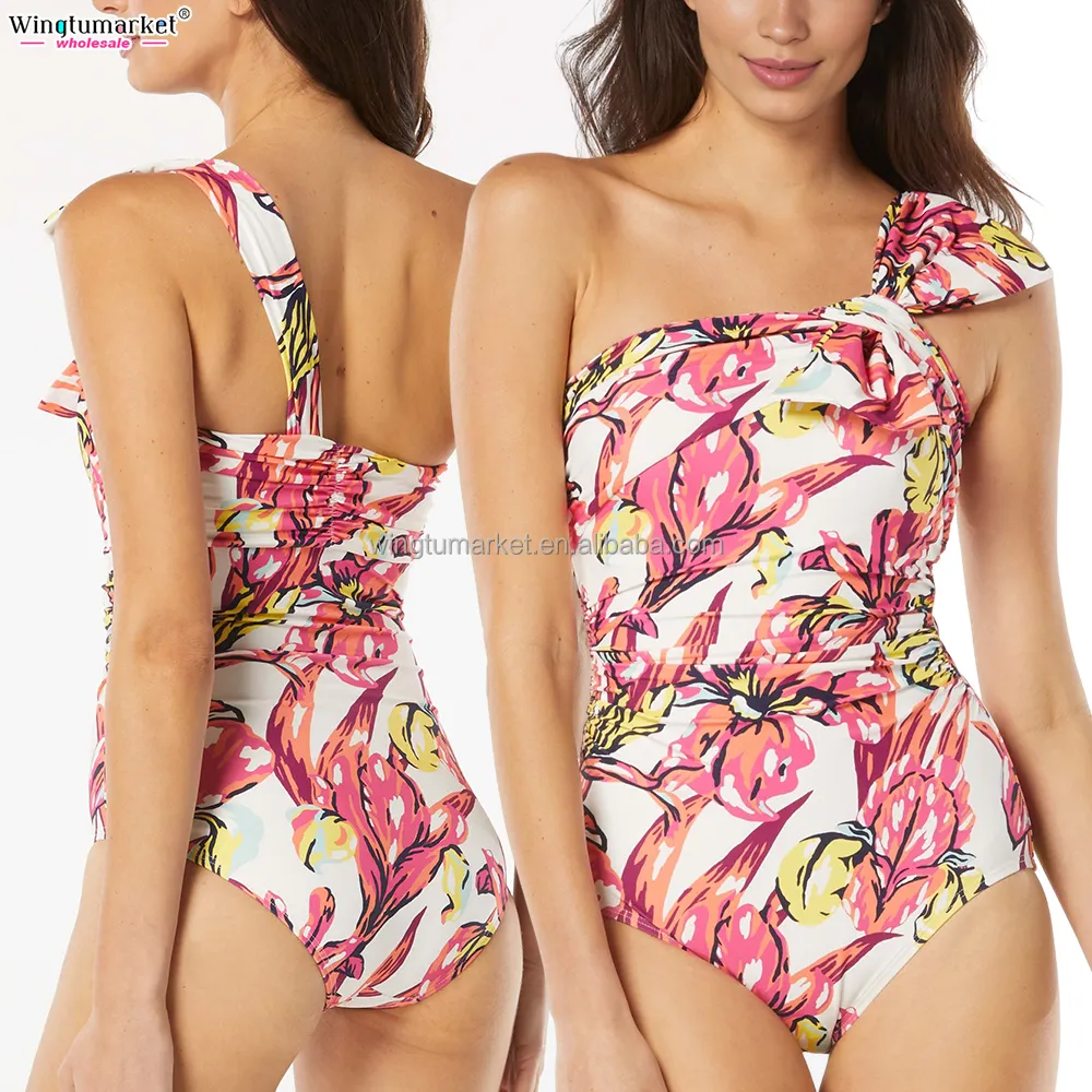 Custom design swimsuits bikinis monokini ruched bow shoulder one piece swimsuit sexy swimwear beachwear for women