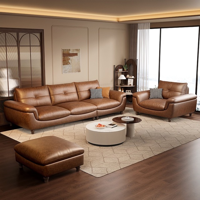 Retro-style Solid Wood Sofa Set for Living Room, Italian Minimalist Chaise Lounge Sofa, American-style Leather Sofa