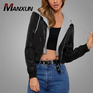 Zipper Placket 2 In 1 Drawstring Hooded Jacket Color - Block Stitching Bomber Jacket Factory Supplier Jacket Coat For Women