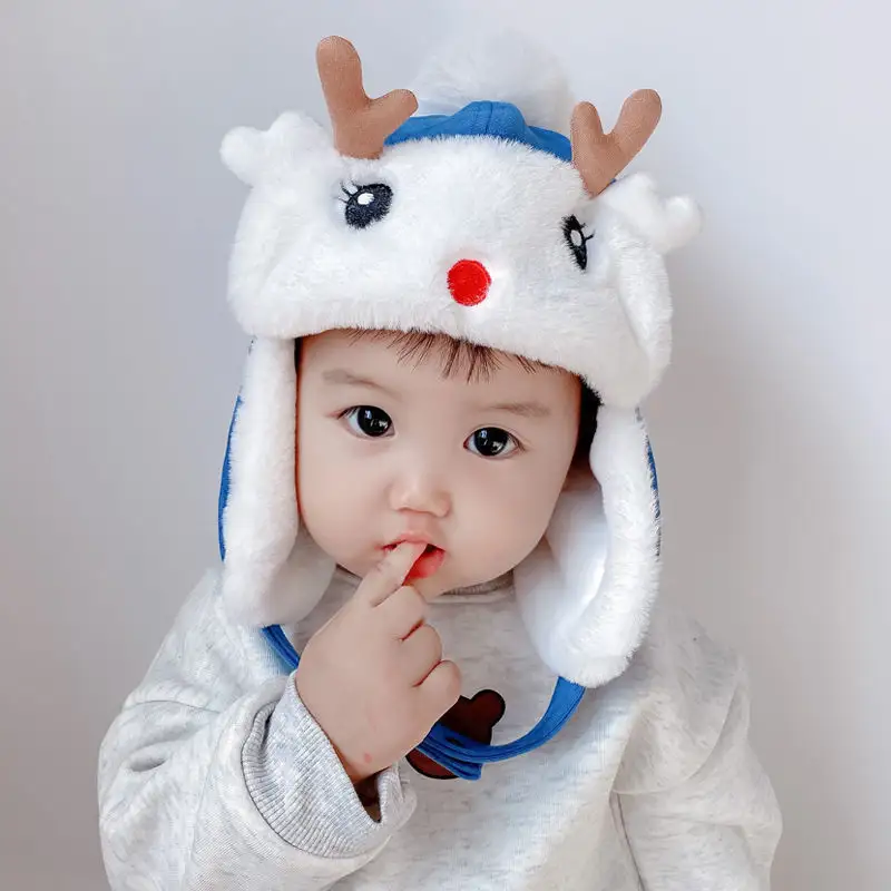 Cute Antlers Plus Fleece Lined Padded Hat Winter kinder Boys Girls Pink Blue Aviator Hats For 2-4 Years