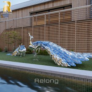 Ornement de jardin extérieur abstrait moderne Sculpture de paon en acier inoxydable métallique - Product Image 1