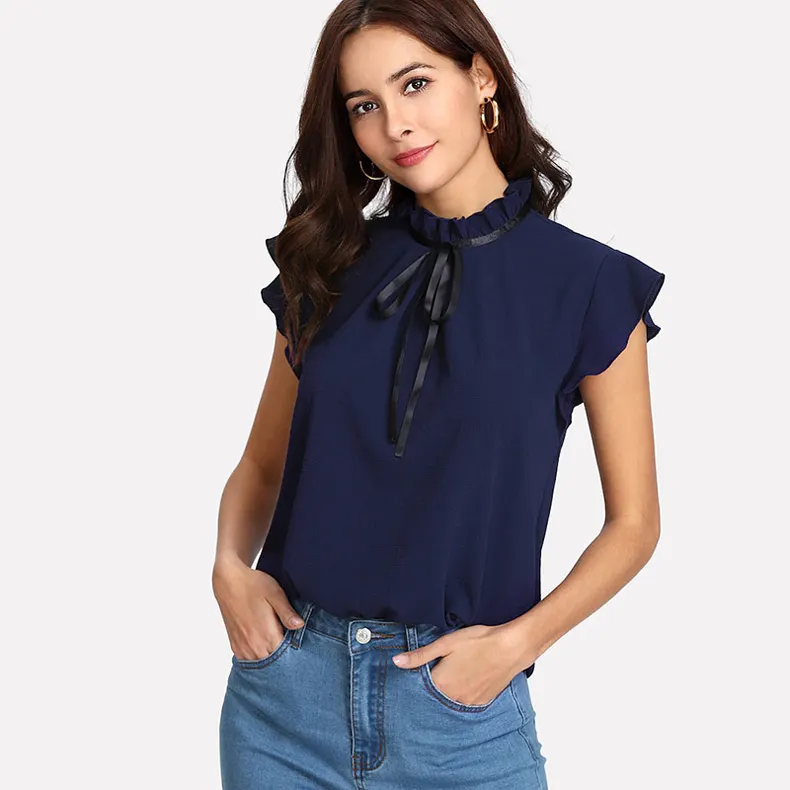 Ikebel Customized Womens Tops And Blouses Casual Elegant Sleeveless Bow Tie Shirt Solid Chiffon Blouse Tops Camisas Mujer New