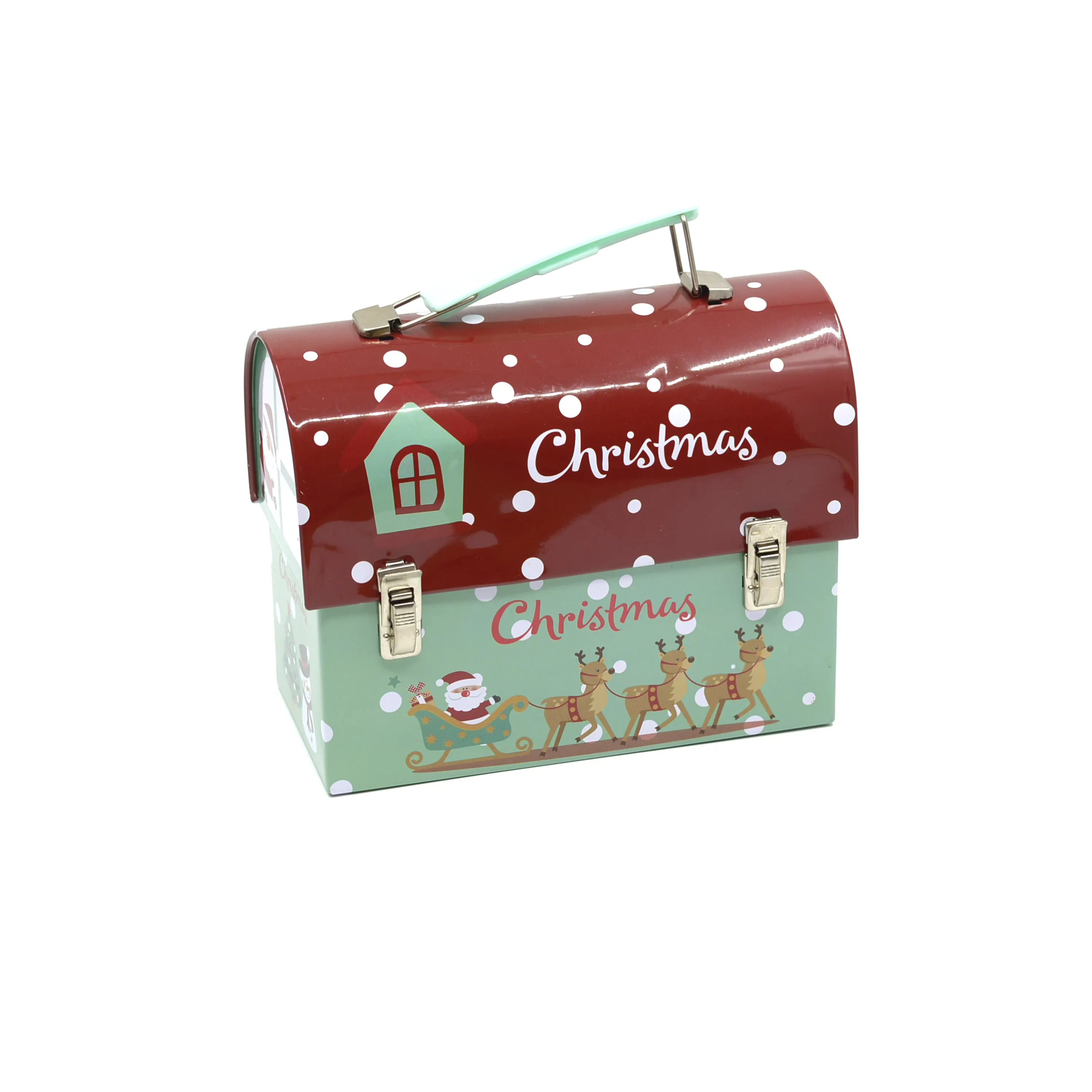 Hot Sale Custom Designed Christmas Gift Box Rectangle Handle Metal Lunch Tin Storage Box With Lock And Key