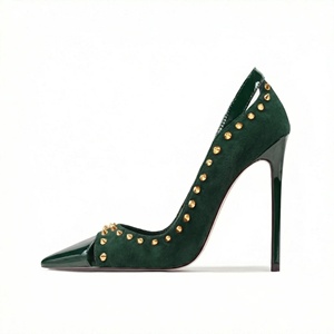 Nouveau à la mode femmes bout pointu talons hauts PU et <span class=keywords><strong>Faux</strong></span> daim mixte découpe conception Rivet décor soirée pompes - Product Image 4