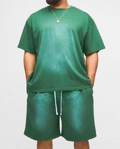 Green Plus OFCL Applique <b>Spray</b> Wash T-Shirt & Oversized Drop crotch Short <b>Set</b> Acid Wash Tracksuit - Product Image 1