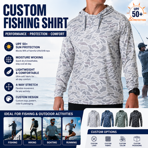 Custom Comfortable Breathable Camo Hunting Hoodie Sun Protection Uv Sublimated Performance UPF50+ Camo Fishing Shirts With Hood