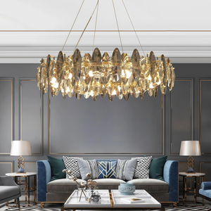 JYLIGHTING Lampadario di Lusso Personalizzato con Cristalli Trasparenti Grigio Fumo, Anello Ovale a Filo, Lampada a Sospensione Moderna <span class=keywords><strong>per</strong></span> Soggiorno - Product Image 1