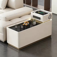 Commode en bois moderne avec haut-parleur à chargement sans fil, lumière LED, table d'appoint de salon, meuble de rangement avec prise de courant