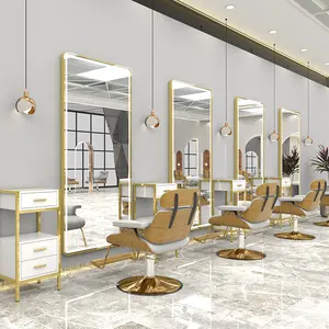 Luxury design single sides gold frame salon mirror station hairdressing beauty salon mirrors with led light