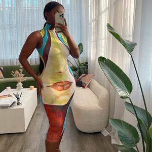 Vestido Midi elástico sin mangas con estampado 3D para primavera y verano, traje Sexy con estampado de labios rojos, cuello de tortuga, ropa informal para mujer <span class=keywords><strong>2022</strong></span> - Product Image 3