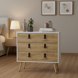 Commode à trois tiroirs Toka en bois blanc macadamia, meubles de chambre à coucher de style moderne du milieu du siècle - Product Image 2