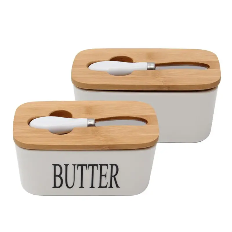 YIDING Nordic Style Ceramic Butter Box Cheese Dish With Bamboo Lid Food Storage Tray Plate Container for Kitchen