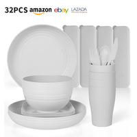 Ensemble de vaisselle carré blanc laiteux en composite de paille de blé et plastique, comprenant assiette, bol, tasse, couteau, fourchette, cuillère, portable et compatible micro-ondes