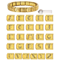 Bracelet modulaire italien en acier inoxydable électroplaqué, style lettre, incrusté de diamants sur base dorée, personnalisable avec nom DIY
