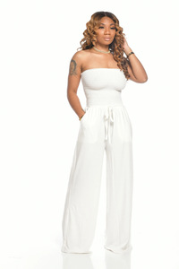 <span class=keywords><strong>Mono</strong></span> de verano casual sin tirantes para mujer, holgado, con hombros descubiertos, fruncido, sin mangas, de pierna ancha, con bolsillos - Product Image 2