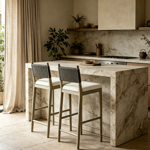 Taburete de <span class=keywords><strong>Bar</strong></span> Moderno de Madera de Roble Macizo con Respaldo Tejido, Altura de Mostrador, Cojín Tapizado, Diseño Rústico Ecológico y Duradero - Product Image 2